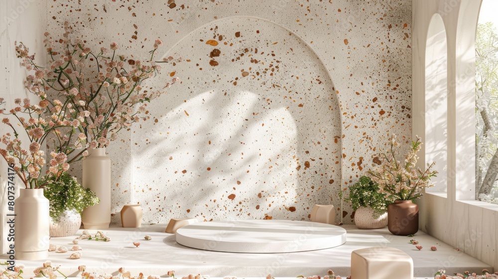 Poster A room with a white platform surrounded by vases and flowers. Ideal for interior design concepts