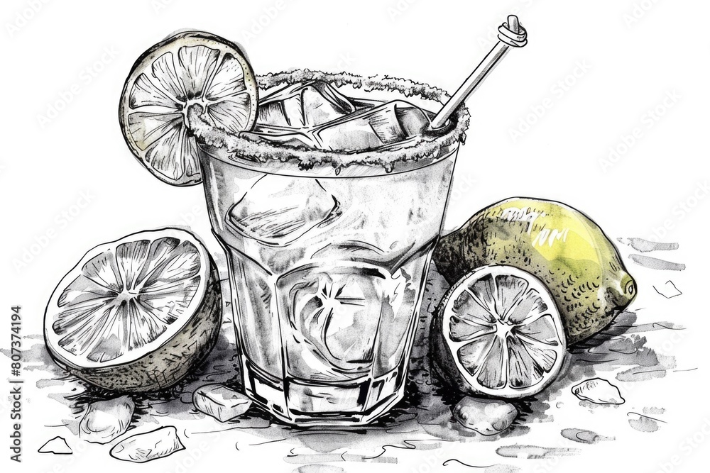 Poster A drawing of a drink with lemons and ice cubes. Perfect for summer beverage concepts
