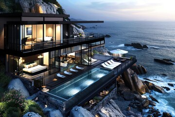 A modern house with a swimming pool is located on a rocky cliff next to the ocean. The house has floor-to-ceiling windows and a large terrace. The pool is long and rectangular, extending over the rock - Powered by Adobe