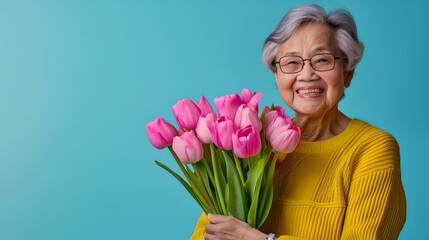 Joyful Elderly Woman Smiling with Bunch of Pink Tulips. Bright Yellow Sweater Fashion. Senior Lady Portraying Happiness on Blue Background. AI