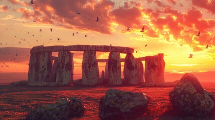 Stonehenge monument with birds flying around it. Suitable for travel and nature themes - Powered by Adobe