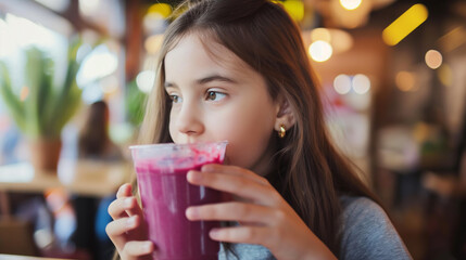 Garota tomando uma bebida rosa no café - wallpaper HD