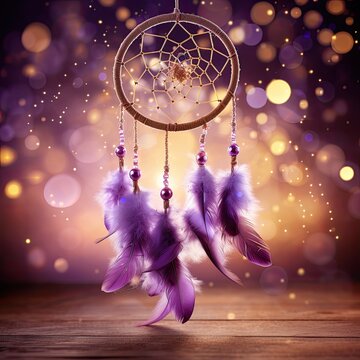 Dreamcatcher on golden background , blurred parple garland, close-up, copy space