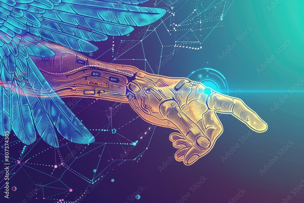 Aufkleber a digital image of a human hand touching a robotic hand. suitable for technology concepts