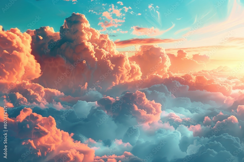 Poster a serene sky with fluffy clouds. suitable for backgrounds or weather-related designs