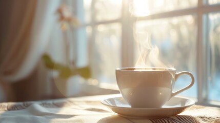 Morning Sunshine: A white ceramic cup filled with steaming hot coffee or tea, placed on a saucer, with sunlight streaming through a window, creating a cozy and inviting breakfast scene. Generative AI