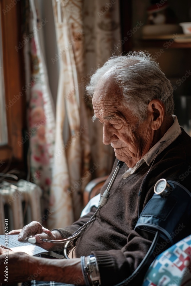 Poster an elderly man sitting in a chair while using a laptop computer. suitable for technology and senior 
