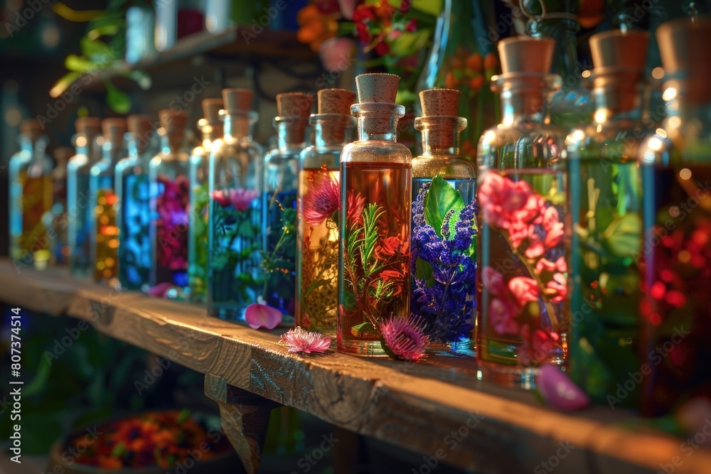 Poster a row of glass bottles filled with different types of flowers. perfect for floral arrangements
