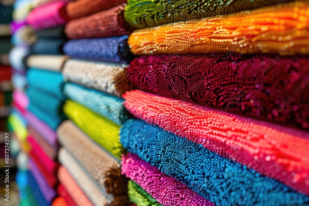 Poster a pile of colorful fabrics stacked on top of each other. perfect for textile or fashion design proje