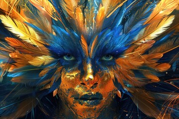 Obraz premium A painting of a woman wearing feathers on her head. Suitable for artistic projects
