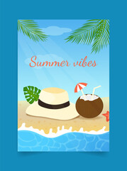 summer festival invitation poster, poster with cocktail and hat