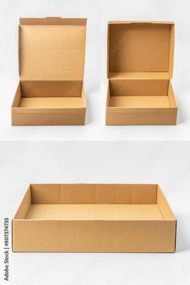 Poster Set of three open cardboard boxes on a white background. Suitable for packaging and delivery concepts