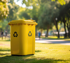 Yellow recycling container, blurred background, close up