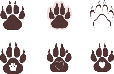 Fototapeta premium Set of illustrations with an imprint of a dog paw print with a heart.
