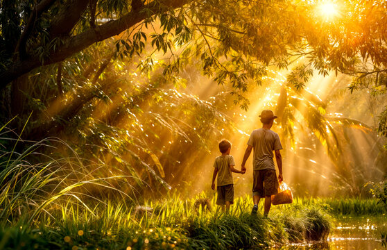 A man and a boy are walking through a forest, holding hands