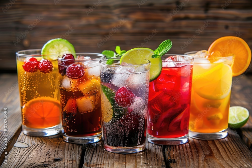 Aufkleber row of glasses filled with different types of drinks. suitable for beverage concept