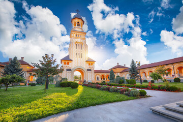 Amazing cityscape with Bell Tower of Orthodox Coronation Cathedral inside fortified Alba Carolina...