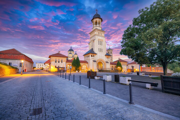 Amazing cityscape with Coronation Orthodox and Roman Catholic cathedrals inside fortified Alba...