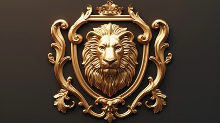 Detailed golden lion's head on a black textured wall. Perfect for interior design projects