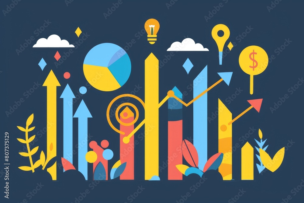 Poster detailed graphic of a chart with arrows and a pie chart, ideal for business presentations