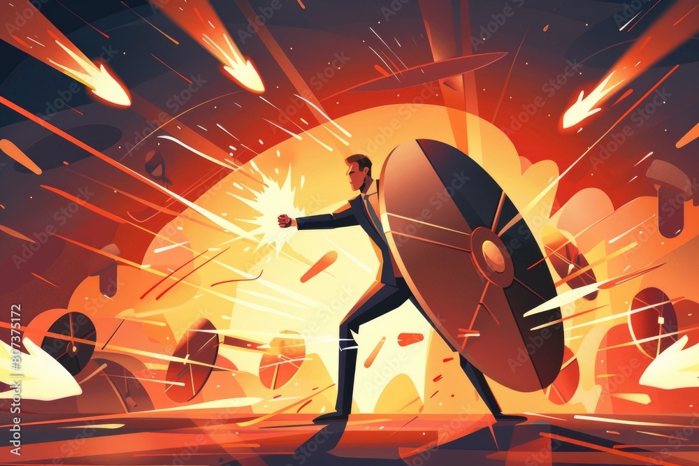 Poster a man in a suit holding a shield. suitable for business and security concepts