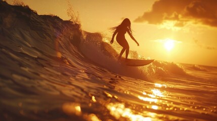 A woman riding a wave on top of a surfboard. Perfect for sports and summer vacation concepts - Powered by Adobe