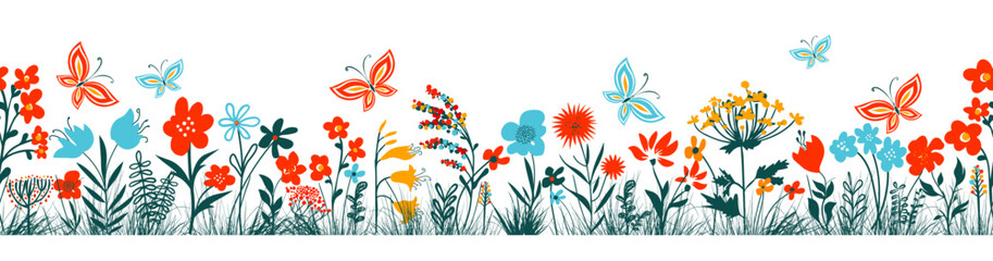 Horizontal grass headers seamless pattern. Cute simple flowers and butterflies in the grass. hand drawing. Not AI, Vector illustration.