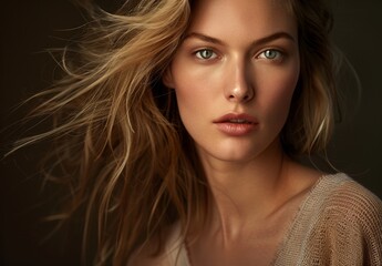 Naklejka premium Close-up portrait of a beautiful young woman featuring intense eye contact and bold red lipstick, emphasizing her elegant beauty.