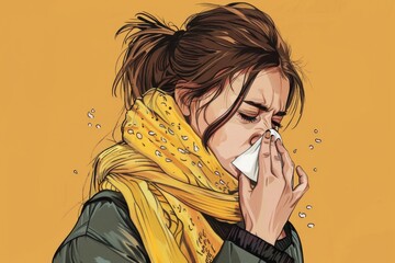 A woman blowing her nose with a handkerchief, suitable for medical and healthcare concepts - obrazy, fototapety, plakaty