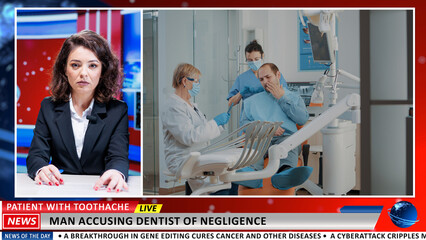 Worrying details about dentist incompetence on live tv program, newscaster doing reportage about stomatology patient with toothache problems. Man with caries suing dentistry cabinet. - obrazy, fototapety, plakaty