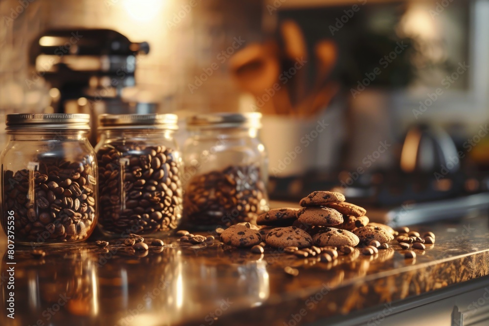 Poster a display of various cookies in jars on a kitchen counter. suitable for food and kitchen-related pro
