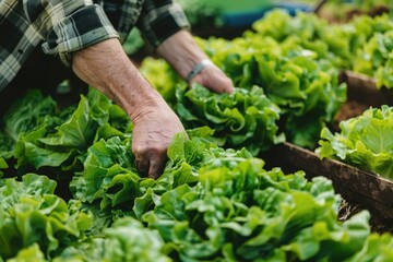 Fototapeta premium Close up of a person harvesting lettuce, suitable for agriculture concepts