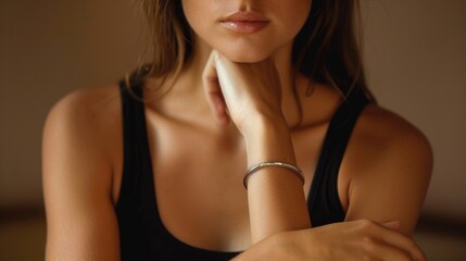 A woman in a black tank top holding her hand to her chin. Suitable for lifestyle and contemplation concepts