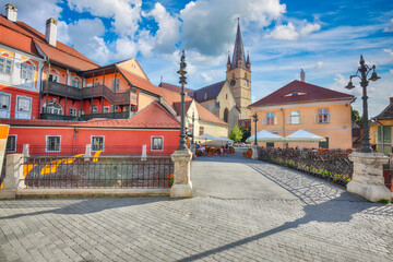 Amazing View of Evangelical Cathedral and the Liars Bridge in the center of Sibiu city.