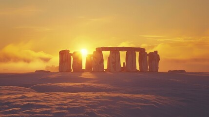 Stonehenge monument with sunset in snowy landscape. Suitable for travel and historical concepts - Powered by Adobe