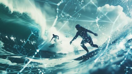 A man skillfully rides a towering wave while balancing on top of a surfboard.