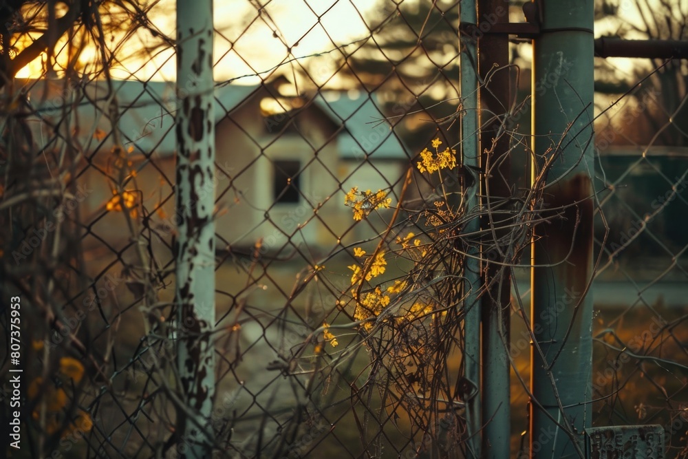 Poster a chain link fence with a house in the background. suitable for real estate or security concepts
