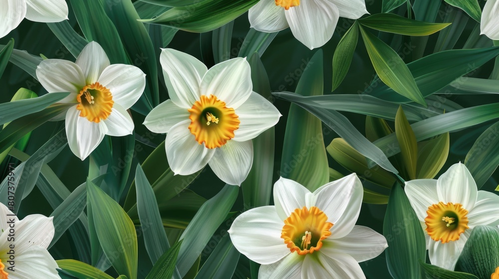 Poster Beautiful white and yellow flowers with green leaves. Perfect for floral designs or nature backgrounds