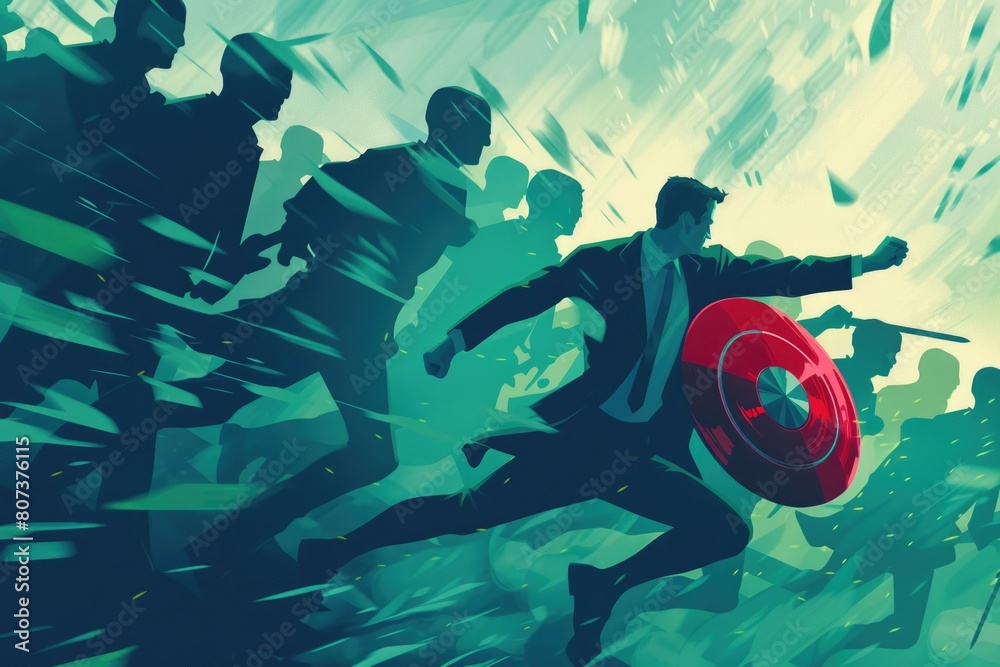 Poster A man in a suit running with a shield, suitable for business concepts