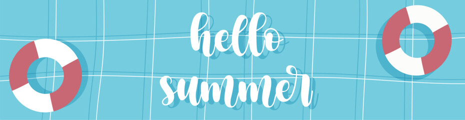 
Hello summer banner design. Horizontal summer poster with swimming pool and colorful inflatable rings floating on clean water surface.