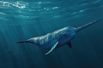 Majestic narwhal swimming in the ocean. Perfect for marine life concepts - obrazy, fototapety, plakaty
