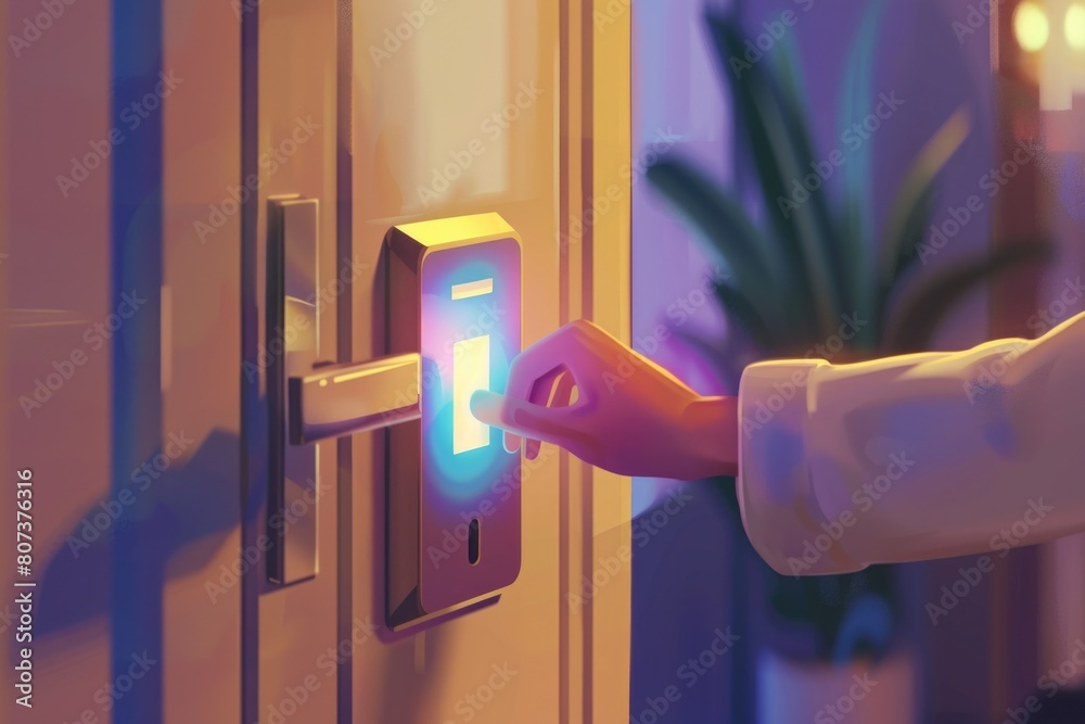 Poster A person pressing a button on a door. Suitable for illustrating technology or security concepts