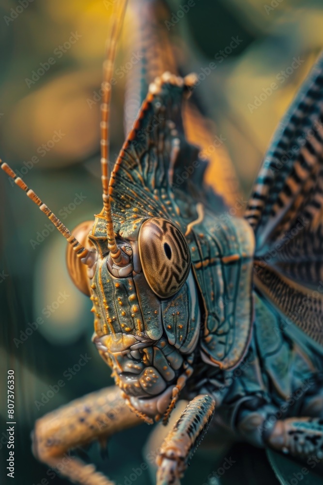 Poster detailed shot of a grasshopper perched on a green leaf. suitable for nature and insect themes