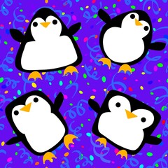 Cartoon festive animals seamless birthday decor and penguin pattern for wrapping paper and fabrics