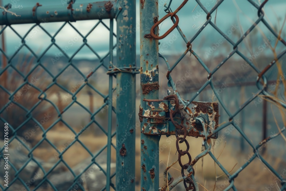 Poster Rusty padlock hanging on chain link fence. Suitable for security or restriction concepts