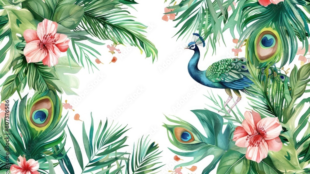 Poster a vibrant watercolor painting of a peacock surrounded by tropical palm leaves and flowers. perfect f