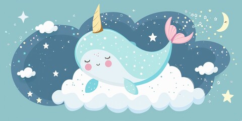 Cute cartoon narwhal floating on a cloud, perfect for children's books or fantasy themed designs - obrazy, fototapety, plakaty