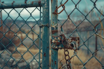 Rusty padlock hanging on chain link fence. Suitable for security or restriction concepts
