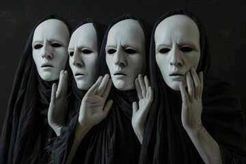 Three white masks covering their faces, suitable for various concepts