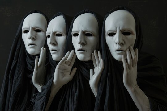 Three white masks covering their faces, suitable for various concepts